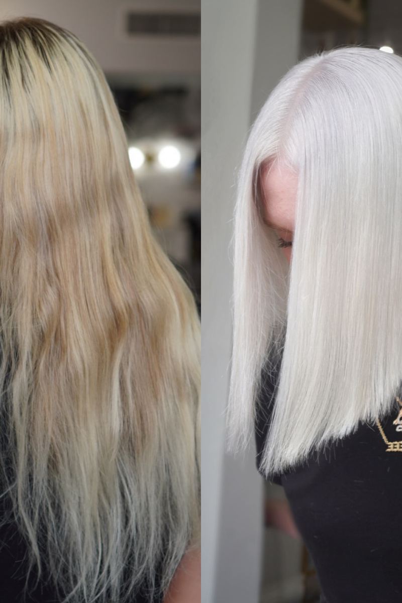 Before and after: a grown-out, brassy blonde taken to platinum and cut to a blunt lob