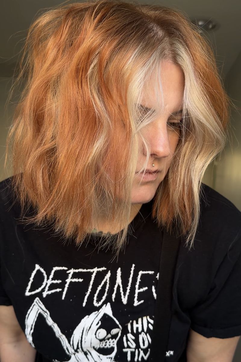 Copper and blonde creative color, worn messy